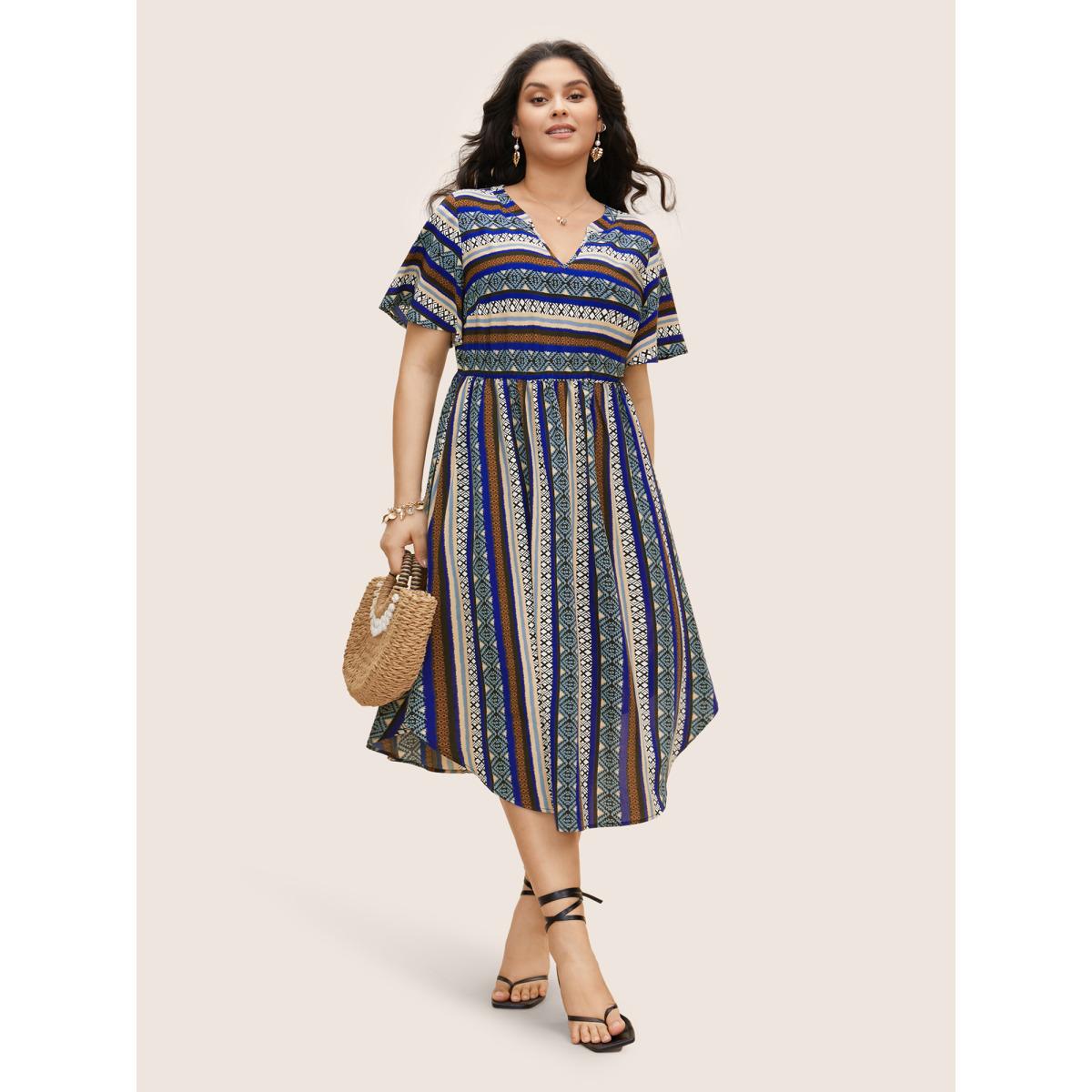 Plus Size Bandana Striped Curved Hem Ruffle Sleeve Dress Mediumblue Women Resort Gathered Notched collar Short sleeve Curvy BloomChic 10/M Product Image