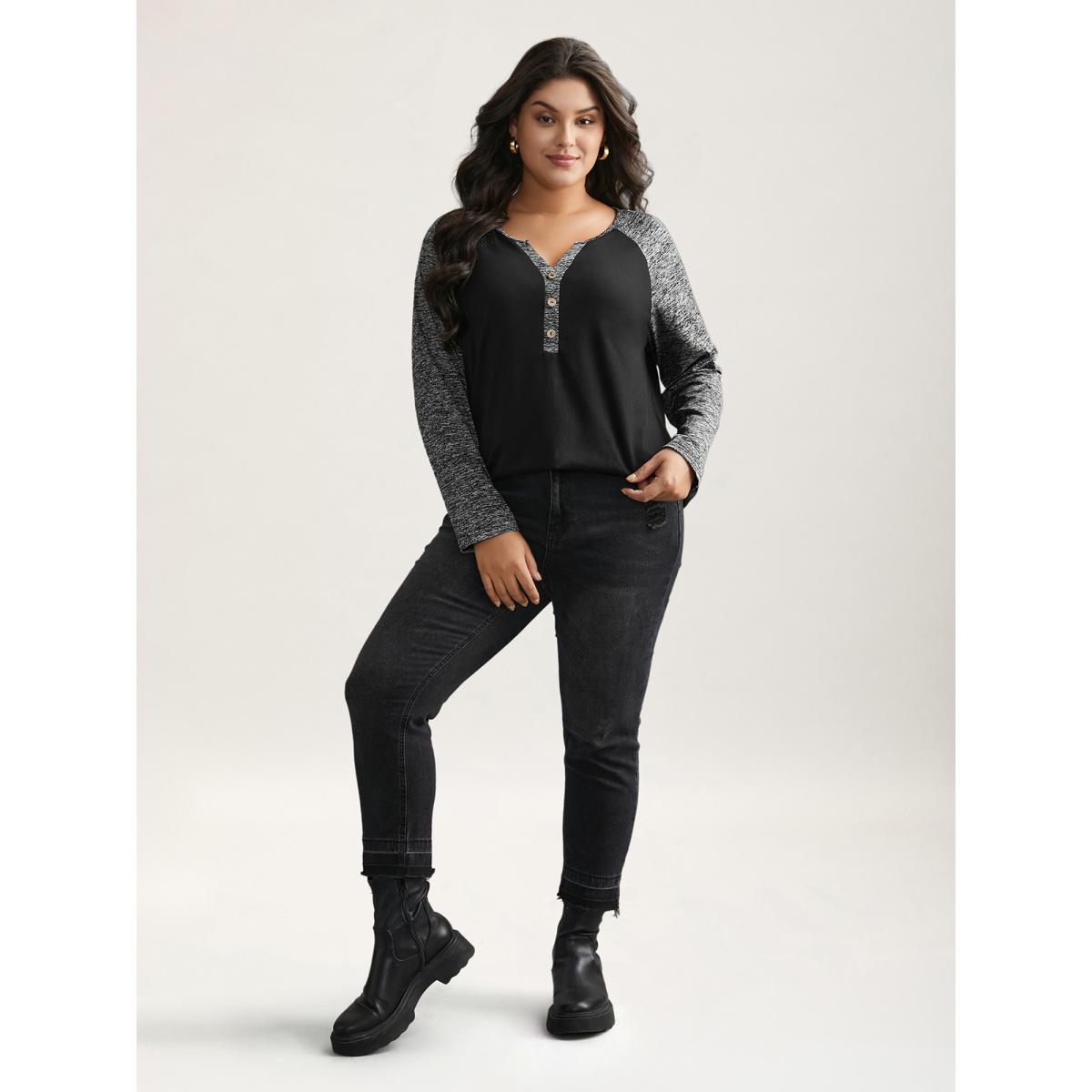 Plus Size Heather Patchwork Button Detail Stretchy T-Shirt Black Women Casual Contrast Flat collar with V-notch Everyday T-shirts BloomChic 22-24/3X Product Image