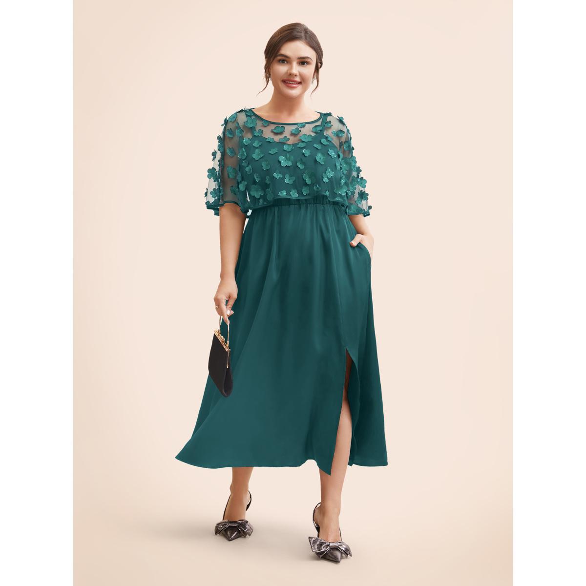 Plus Size Two-Piece Appliques Mesh Shawl Split Hem Dress Teal Women Cocktail Texture Round Neck Short sleeve Curvy BloomChic 10/M Product Image