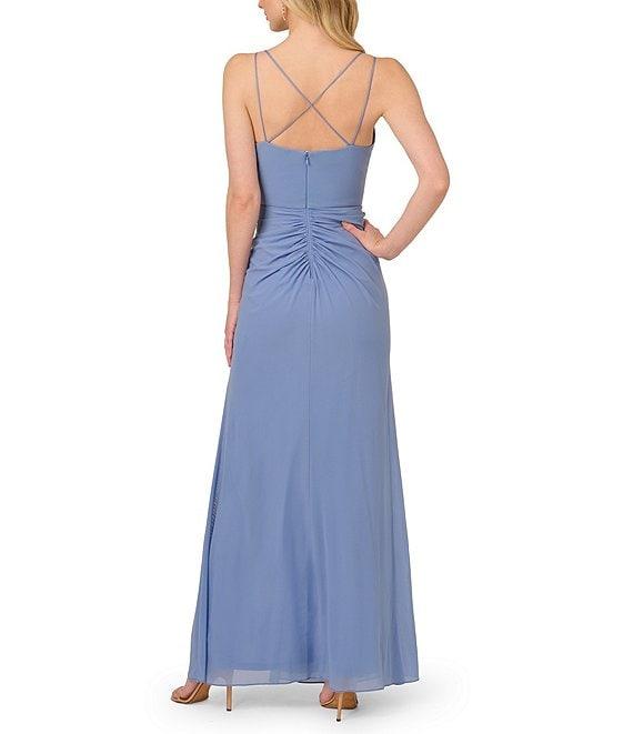Adrianna Papell Stretch Mesh Surplice Spaghetti Strap Shirred Draped Gown Product Image