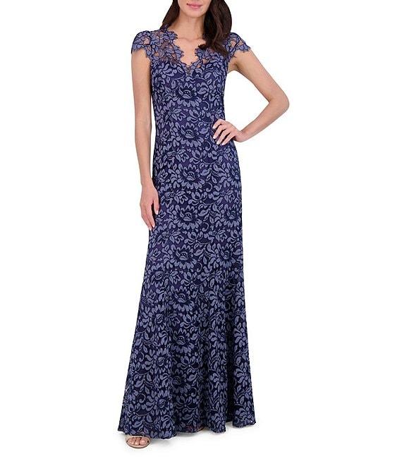 Eliza J Illusion Lace Neck Cap Sleeve V-Neck Mermaid Gown Product Image