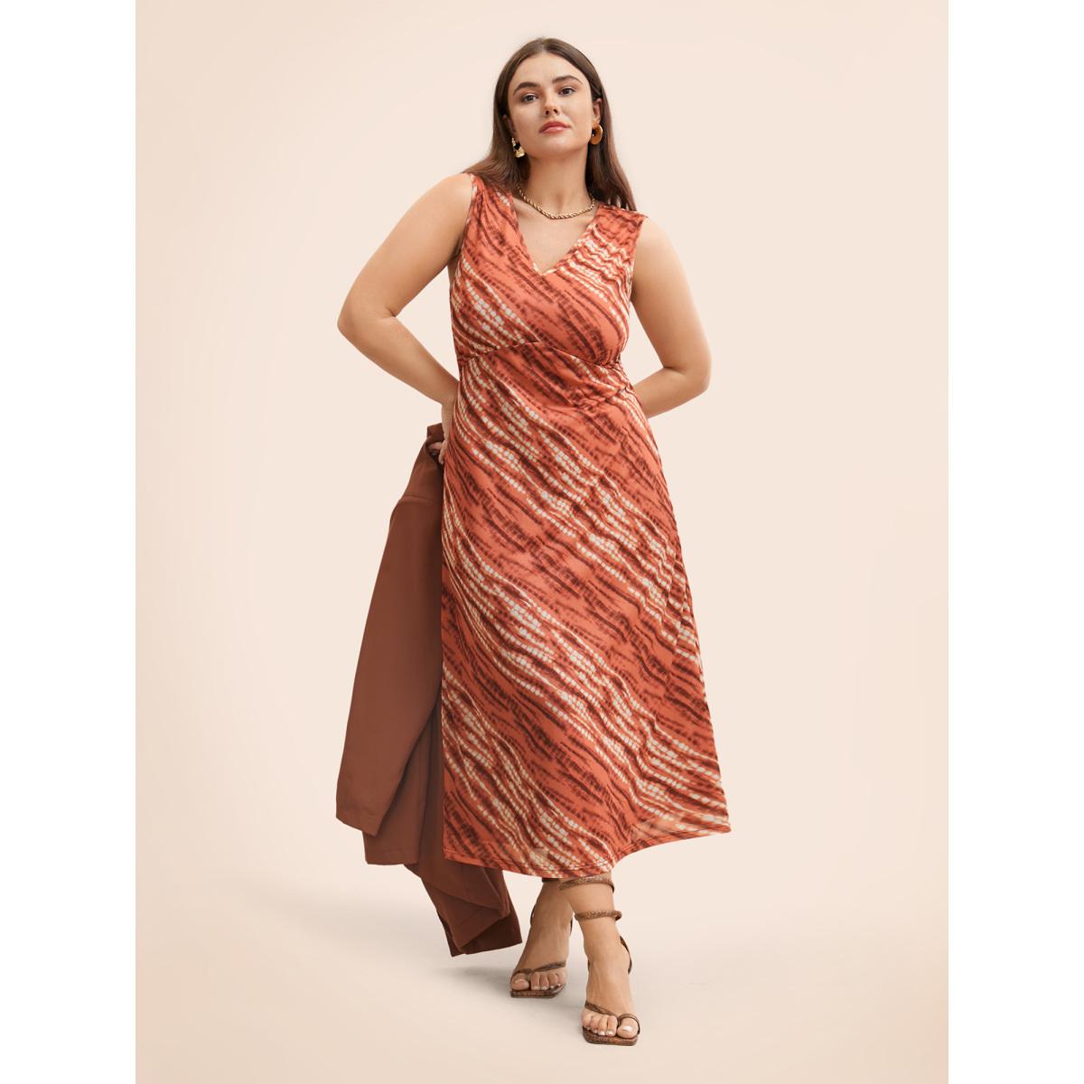 Plus Size V Neck Striped Contrast Tank Dress Yellowishbrown Women Elegant V-neck Sleeveless Curvy BloomChic 28/5X Product Image