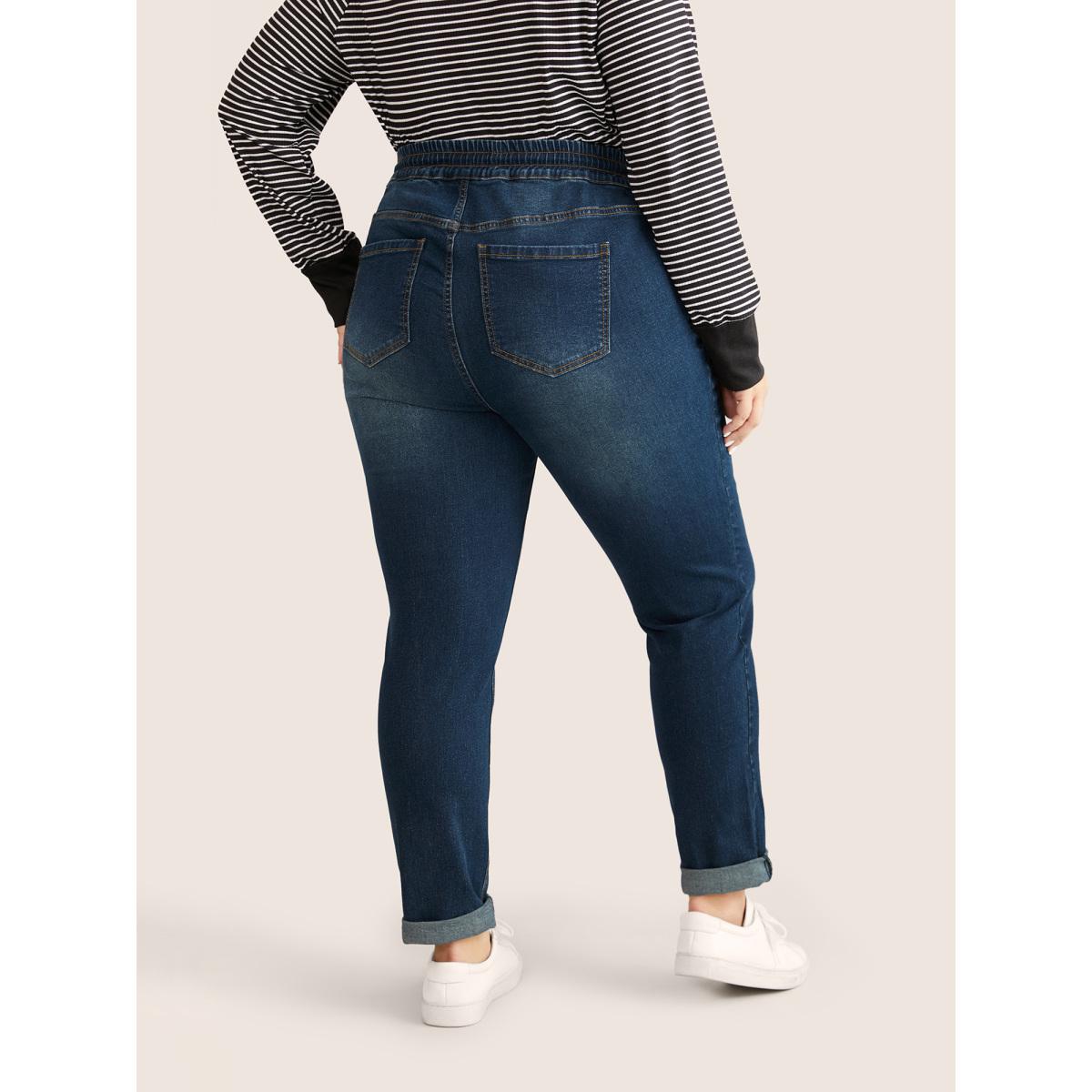 Plus Size Drawstring Elastic Waist Straight Leg Jeans Women Indigo Casual Plain Non High stretch Slanted pocket Jeans BloomChic 22/3X Product Image