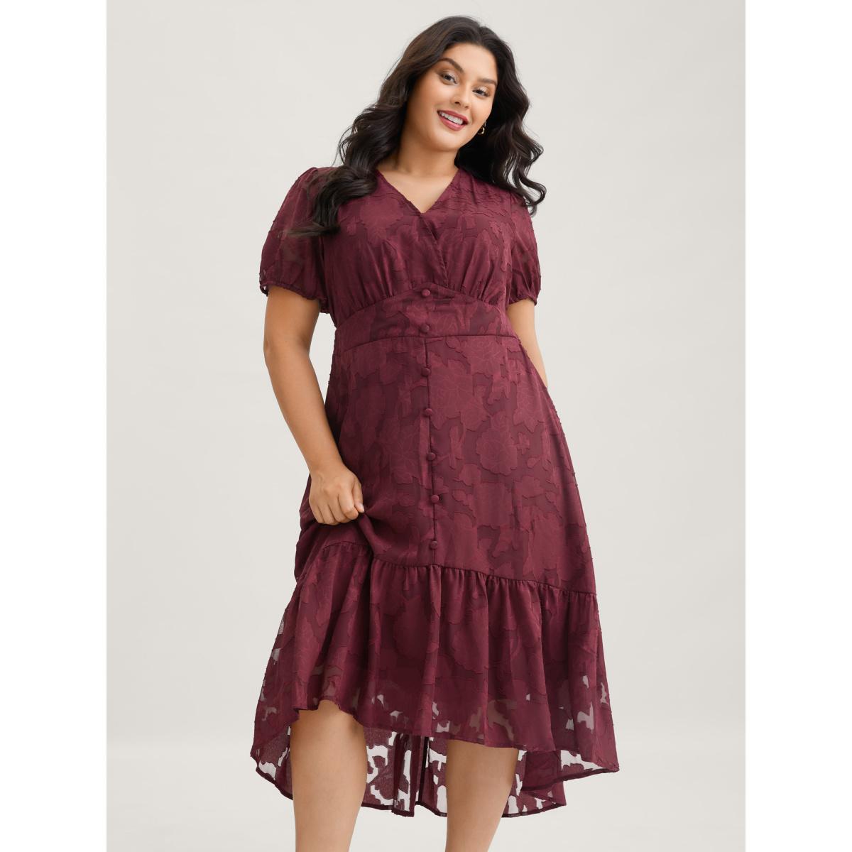 Plus Size Solid Textured Lantern Sleeve Button Detail Dress Burgundy Women Romantic Button V-neck Short sleeve Curvy BloomChic 18-20/2X Product Image