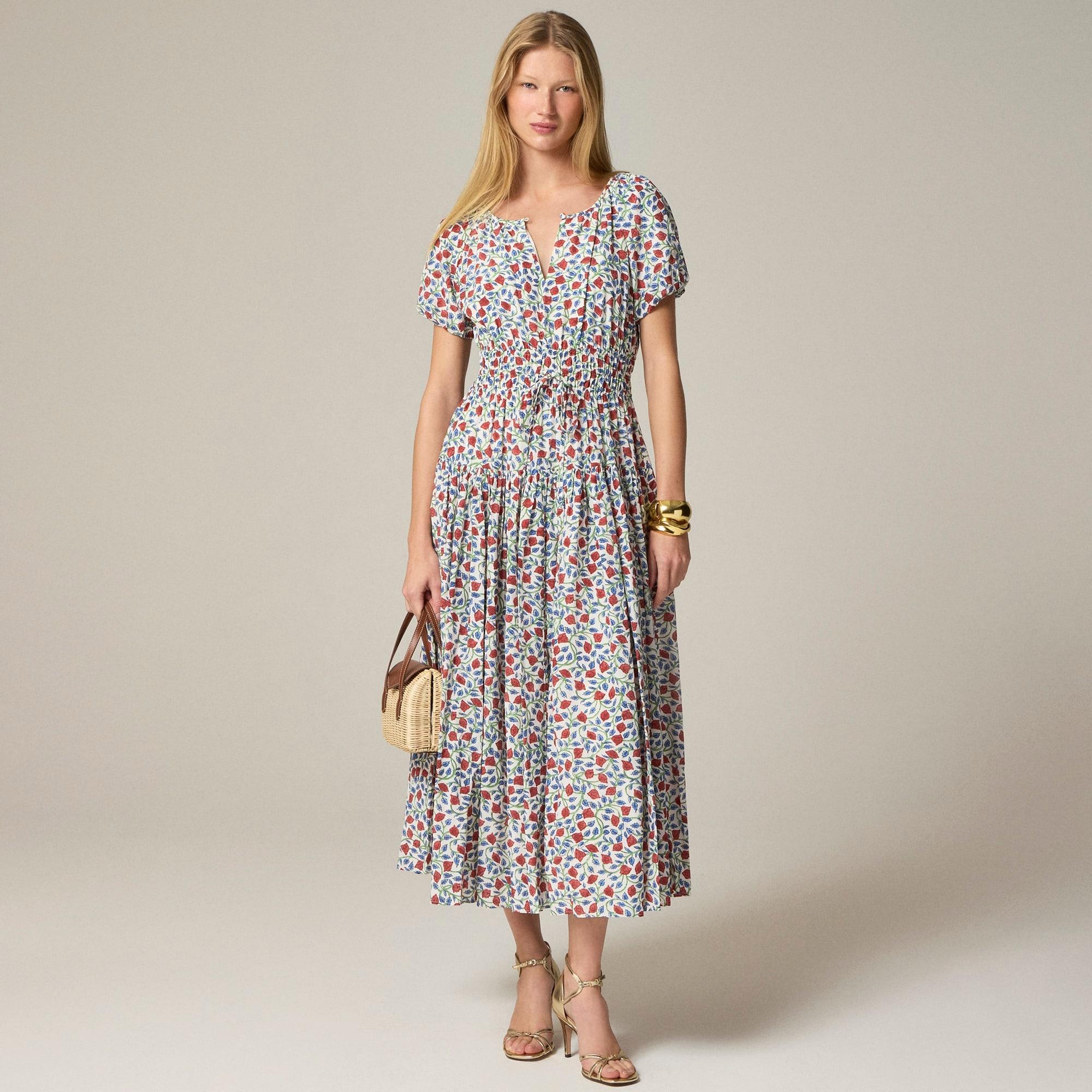 Elena puff-sleeve dress in floral crepe de chine Product Image