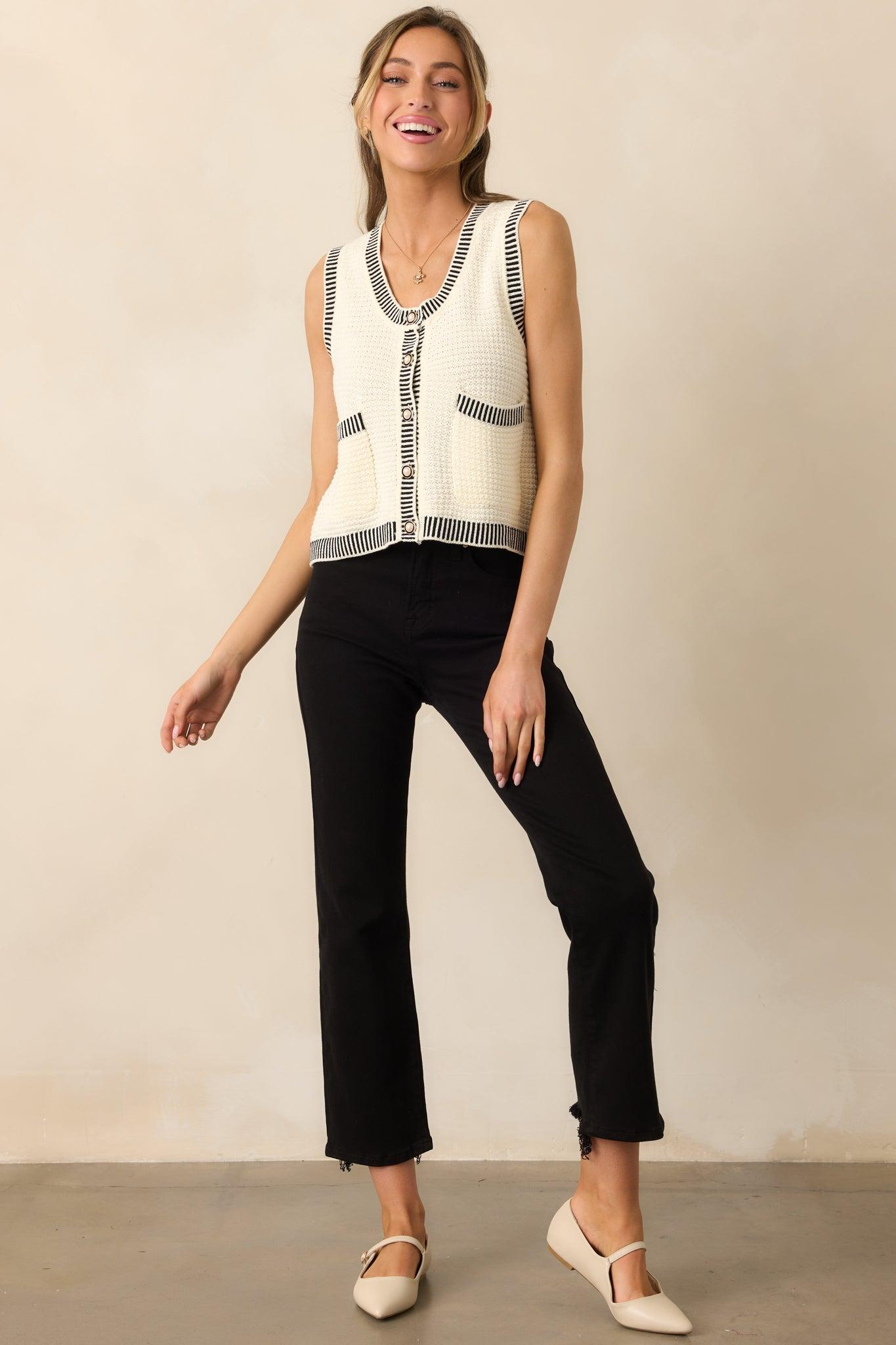 Lesson Learned Ivory Cotton Button Front Sweater Vest Product Image