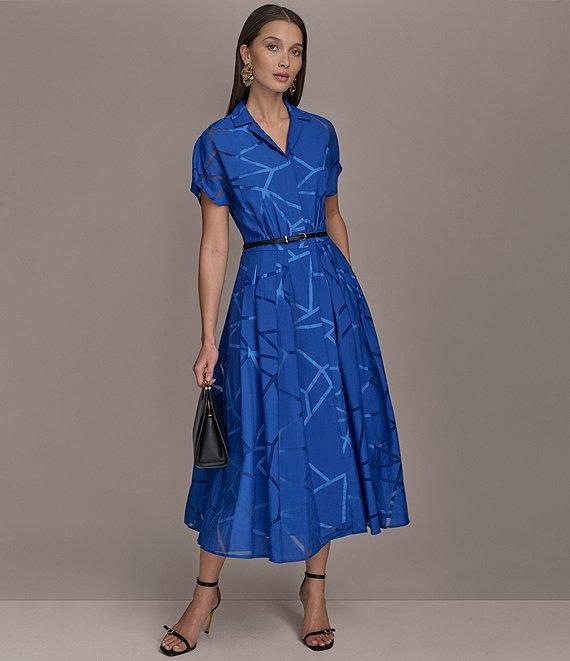Donna Karan Burnout Notch Collar Short Sleeve Belted Button Front Midi Dress Product Image