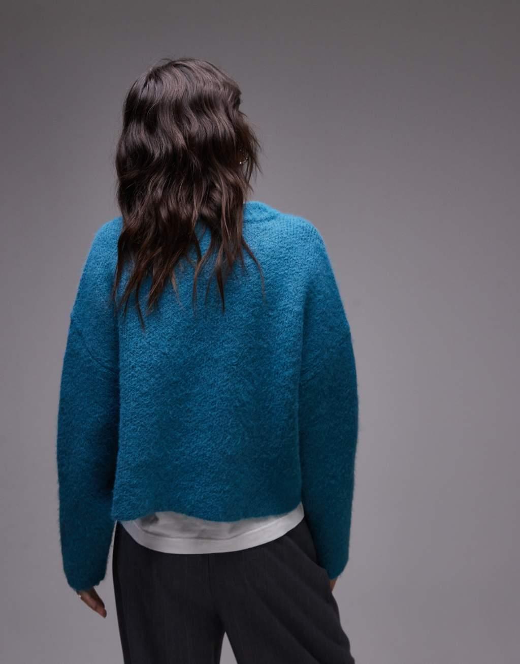 Topshop knitted fluffy relaxed ultimate sweater in blue Product Image