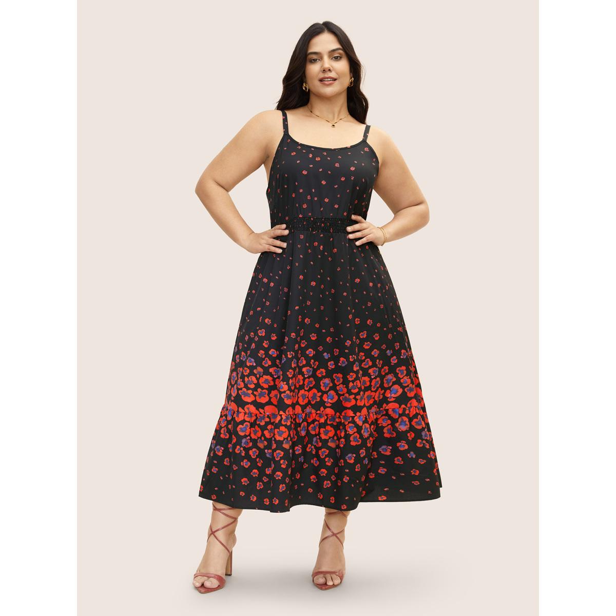 Plus Size Boho Print Elastic Waist Cami Midi Dress Black Women Elegant Non U-neck Sleeveless Curvy BloomChic 14-16/1X Product Image