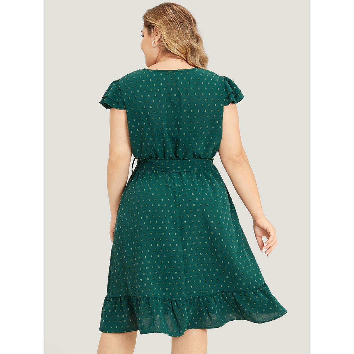 Plus Size Polka Dot Layered Sleeve Pocket Button Up Belted Flutter Dress Green Women Elegant Button V-neck Cap Sleeve Curvy Knee Dress BloomChic 30/6X Product Image
