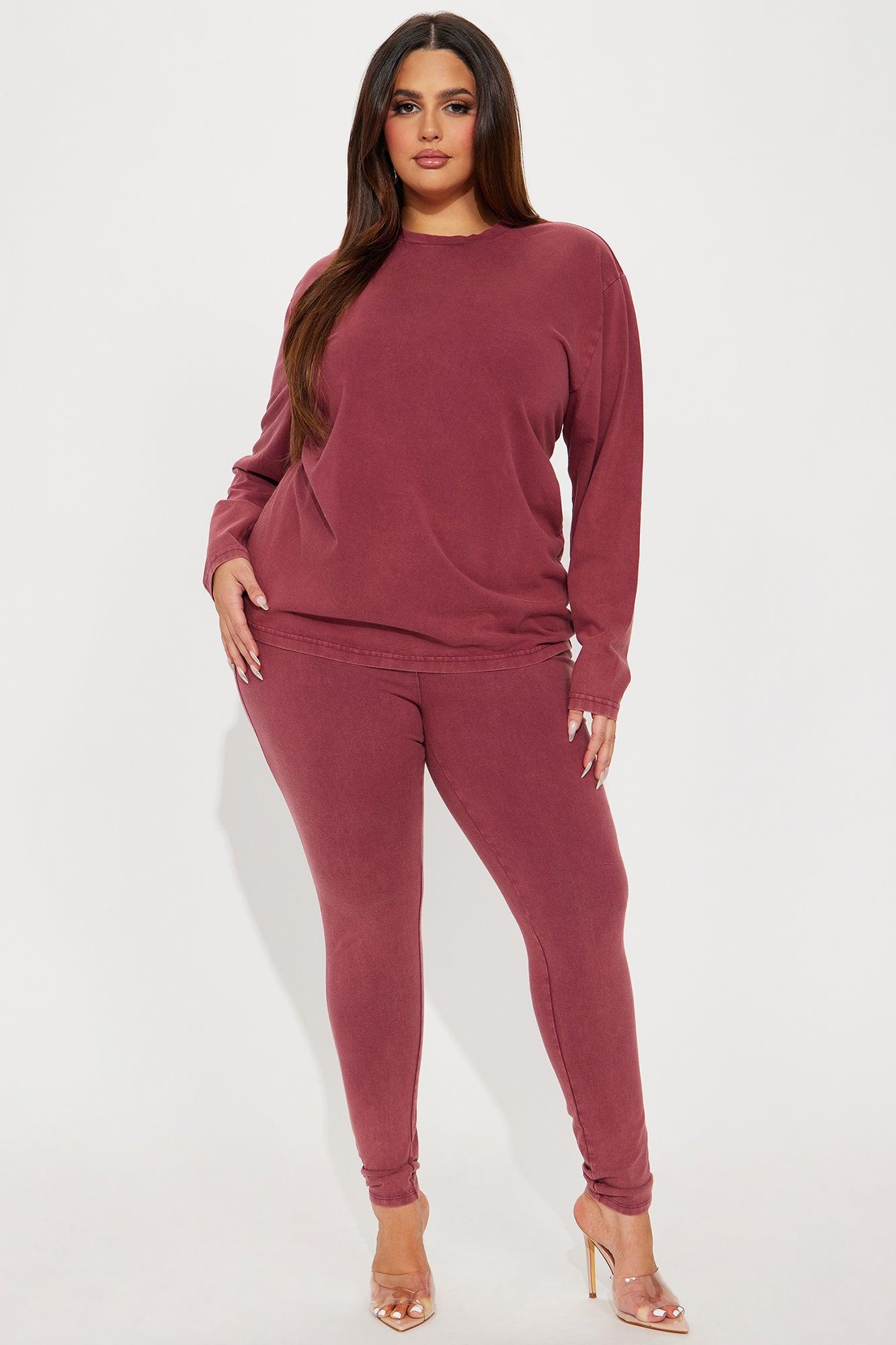 Stepping Out Mineral Wash Long Sleeve Legging Set - Burgundy Product Image