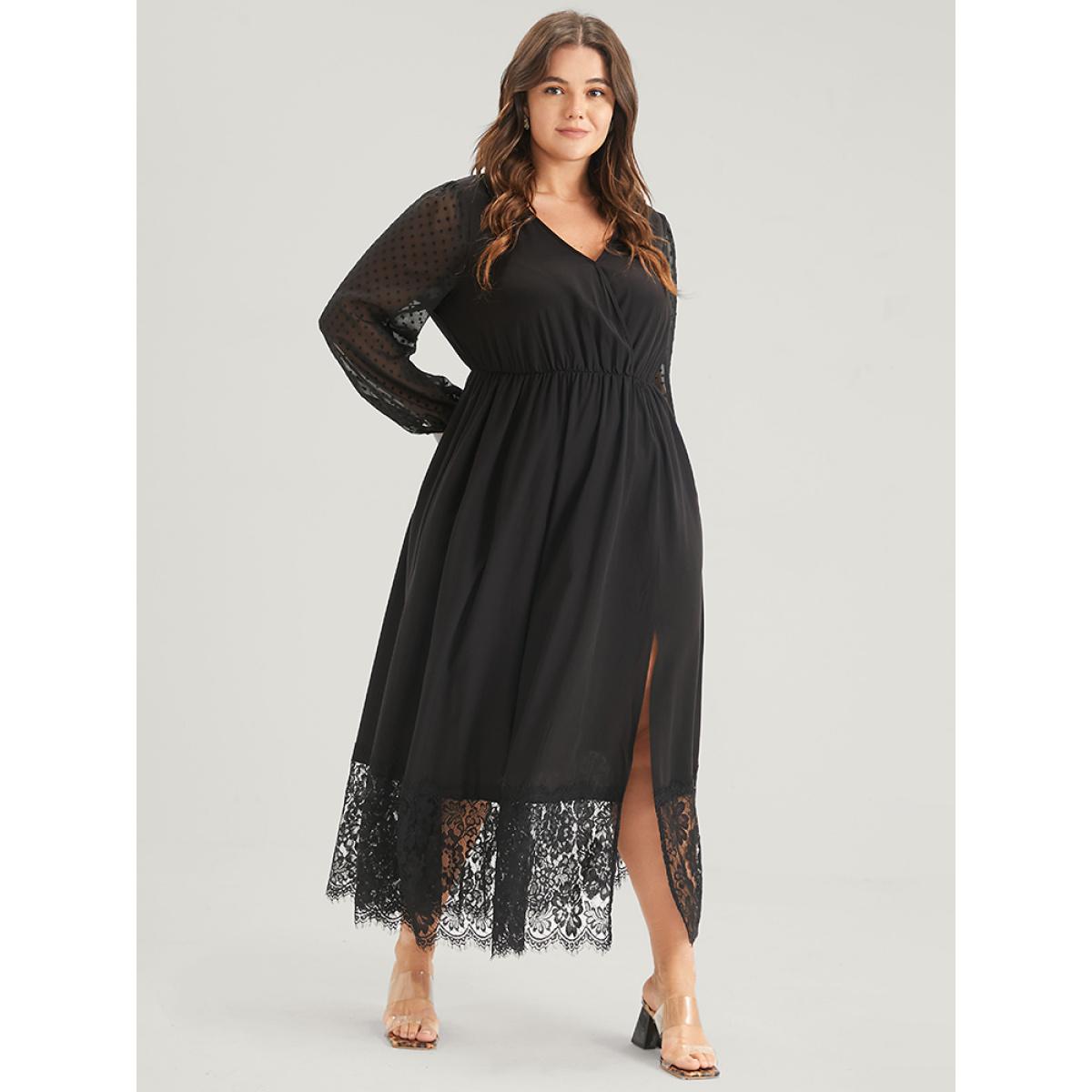 Plus Size Solid Split Eyelet Lace Belted Pocket Button Wrap Maxi Dress Black Women Elegant Lace V-neck Long Sleeve Curvy Long Dress BloomChic 10/M Product Image