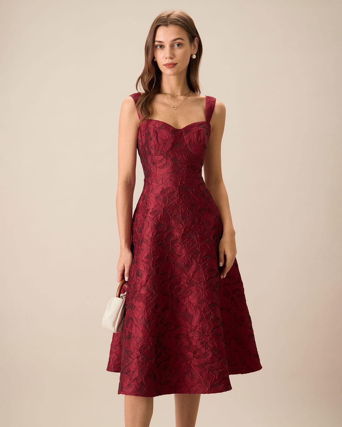 The Red Sweetheart Neck Jacquard Midi Dress Product Image