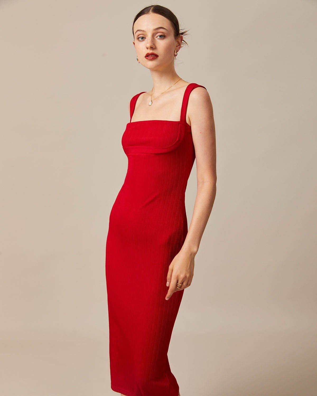 The Red Square Neck Ribbed Midi Dress Product Image