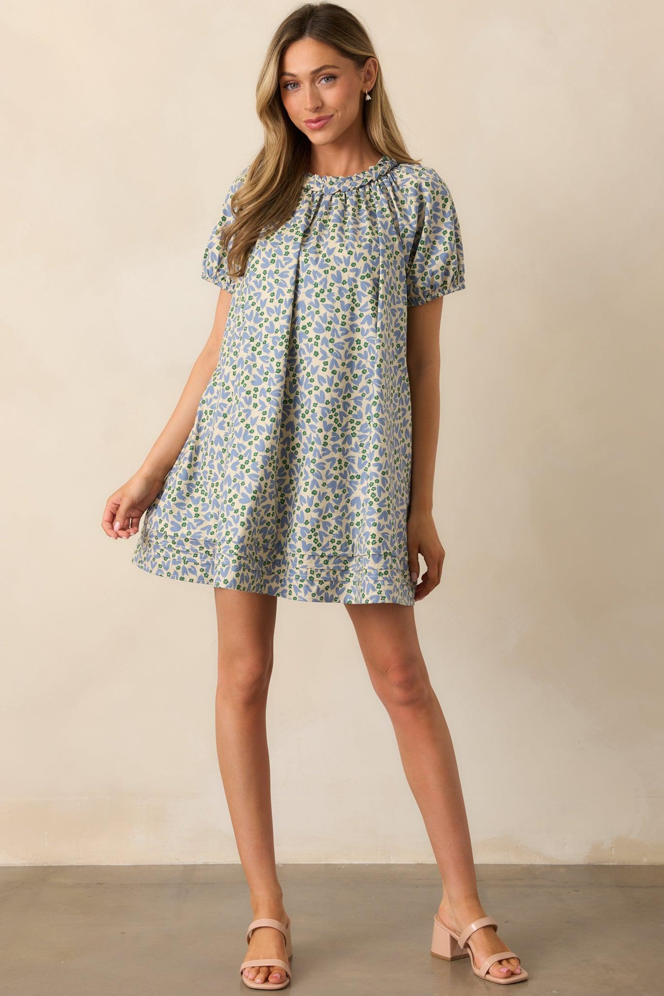Stories Unfolding Dusty Blue Floral Cotton Mini Dress Product Image