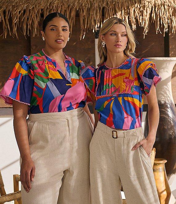 Sugarlips Plus Size Tropical Abstact Printed Flutter Sleeve Poplin Top Product Image