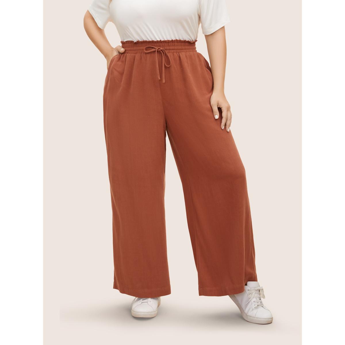 Plus Size Cotton Linen Paperbag Waist Wide Leg Pants Women Browncoffeecolor Casual Wide Leg Mid Rise Everyday Pants BloomChic 14-16/1X Product Image