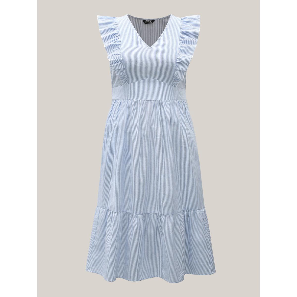 Plus Size Ruffled Striped Print Triangular Waist Midi Dress Skyblue Women Timeless Ruffles V-neck Cap Sleeve Curvy BloomChic 22-24/3X Product Image