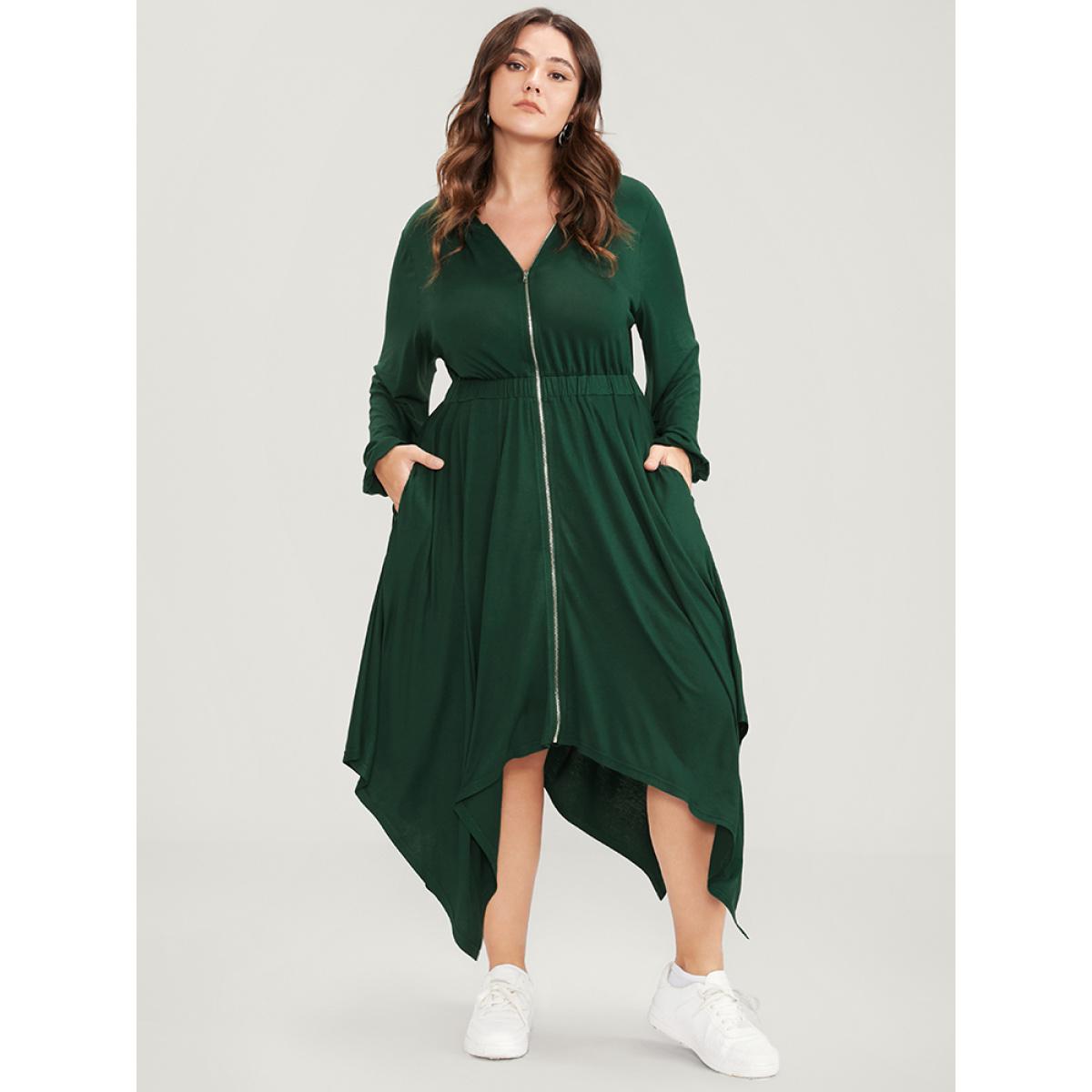 Plus Size Solid Pocket Zipper Up Hanky Hem Dress Green Women Elegant Elastic Waist Hooded Long Sleeve Curvy Long Dress BloomChic 26/4X Product Image