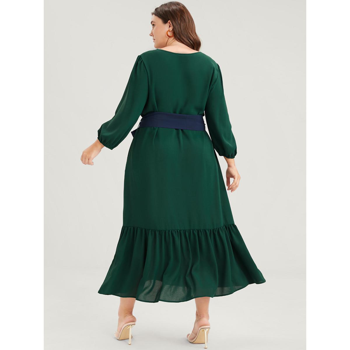 Plus Size Solid Lantern Sleeve Pocket Button Flutter Hem Contrast Belted Dress Green Women Casual Belted V-neck Elbow-length sleeve Curvy Long Dress BloomChic 28/5X Product Image