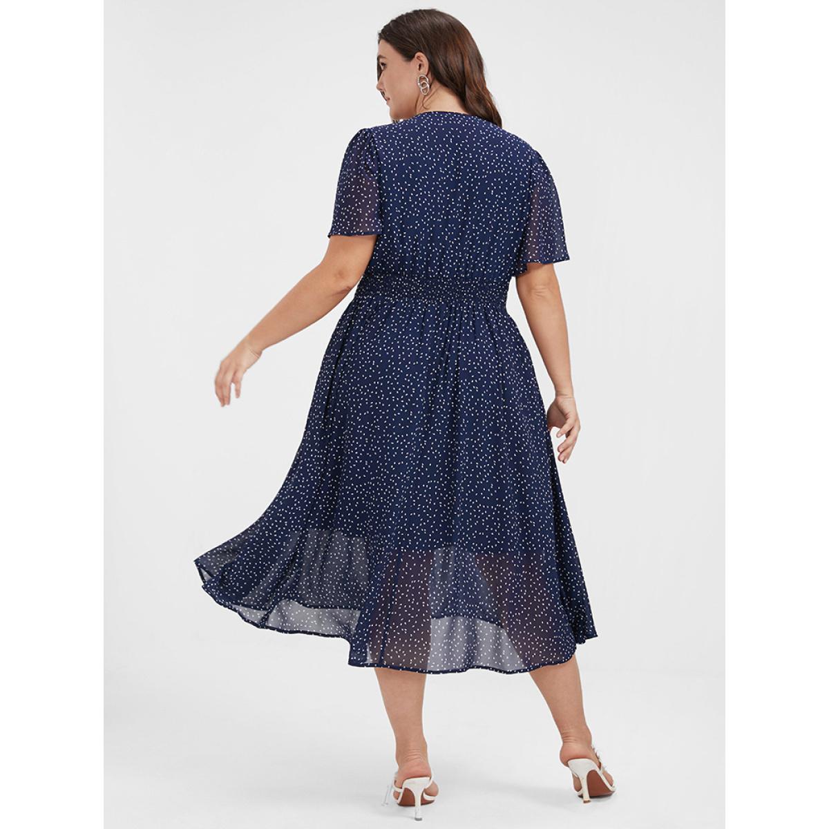 Polka Dot Button Pocket Shirred Ruffles Wrap Dress Product Image