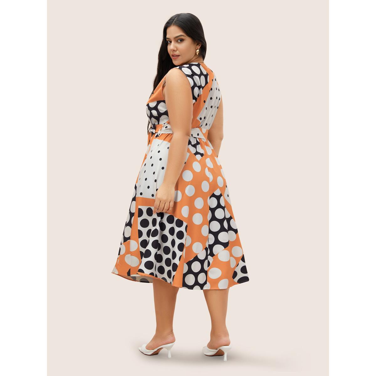 Plus Size Polka Dot Contrast Notched Collar Belted Dress Orange Women At the Office Belted Notched collar Sleeveless Curvy Midi Dress BloomChic 14-16/1X Product Image