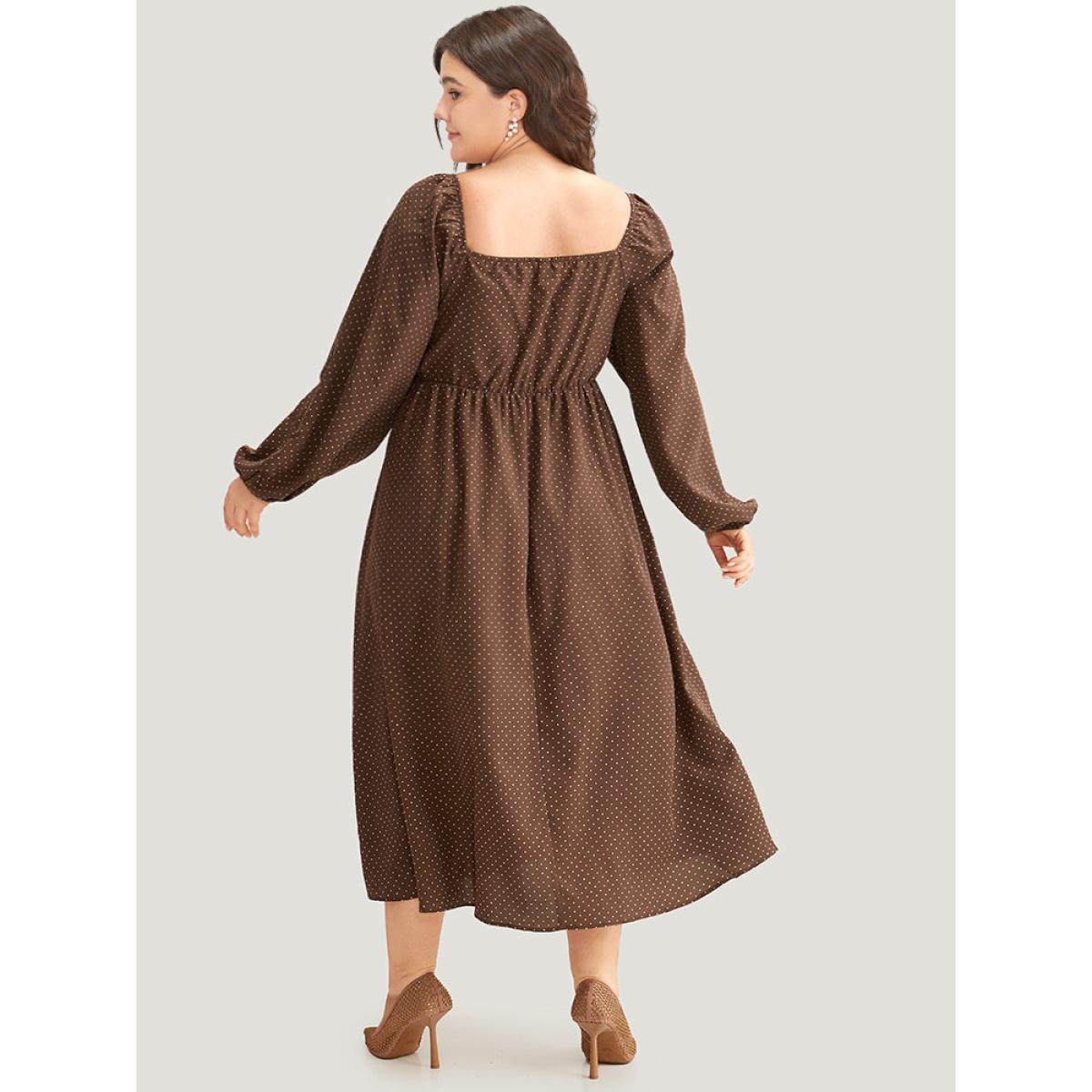Plus Size Polka Dot Knot Neck Lantern Sleeve Dress DarkBrown Women Elegant Elastic cuffs Tie Neck Long Sleeve Curvy Midi Dress BloomChic 22-24/3X Product Image