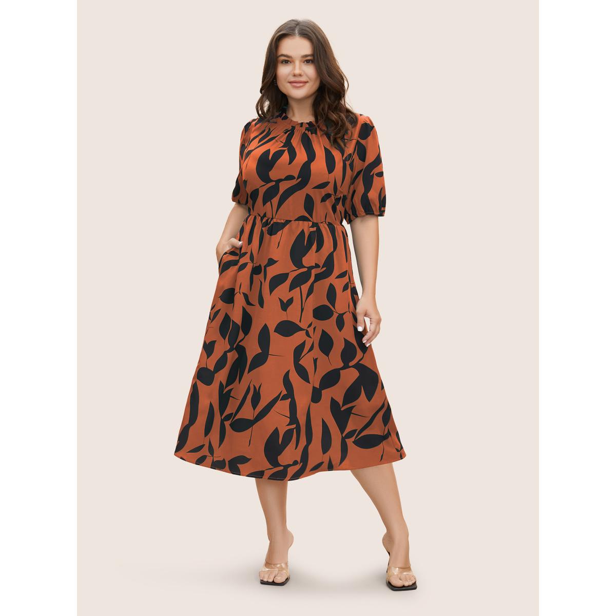 Plus Size Silhouette Floral Print Mock Neck Midi Dress Coral Women Elegant Gathered Mock Neck Short sleeve Curvy BloomChic 14-16/1X Product Image
