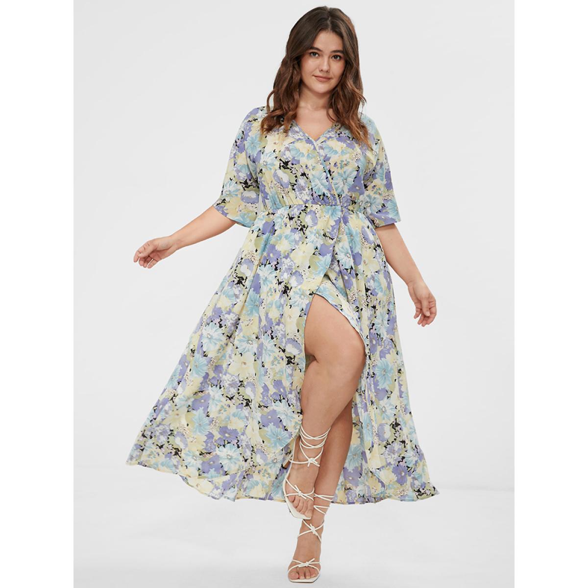 Plus Size Floral Split Pocket Button Detail Wrap Maxi Dress Purple Women Dating Wrap V-neck Short sleeve Curvy Midi Dress BloomChic 12/L Product Image