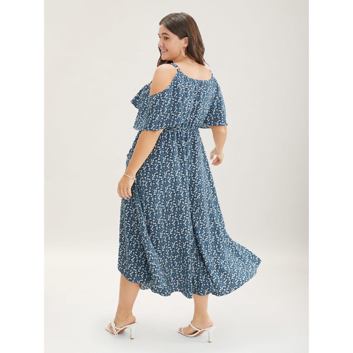 Plus Size Ditsy Floral Pocket Wrap Cold Shoulder Ruffle Dress Stone Women Romantic Non Overlap Collar Short sleeve Curvy Midi Dress BloomChic 12/L Product Image