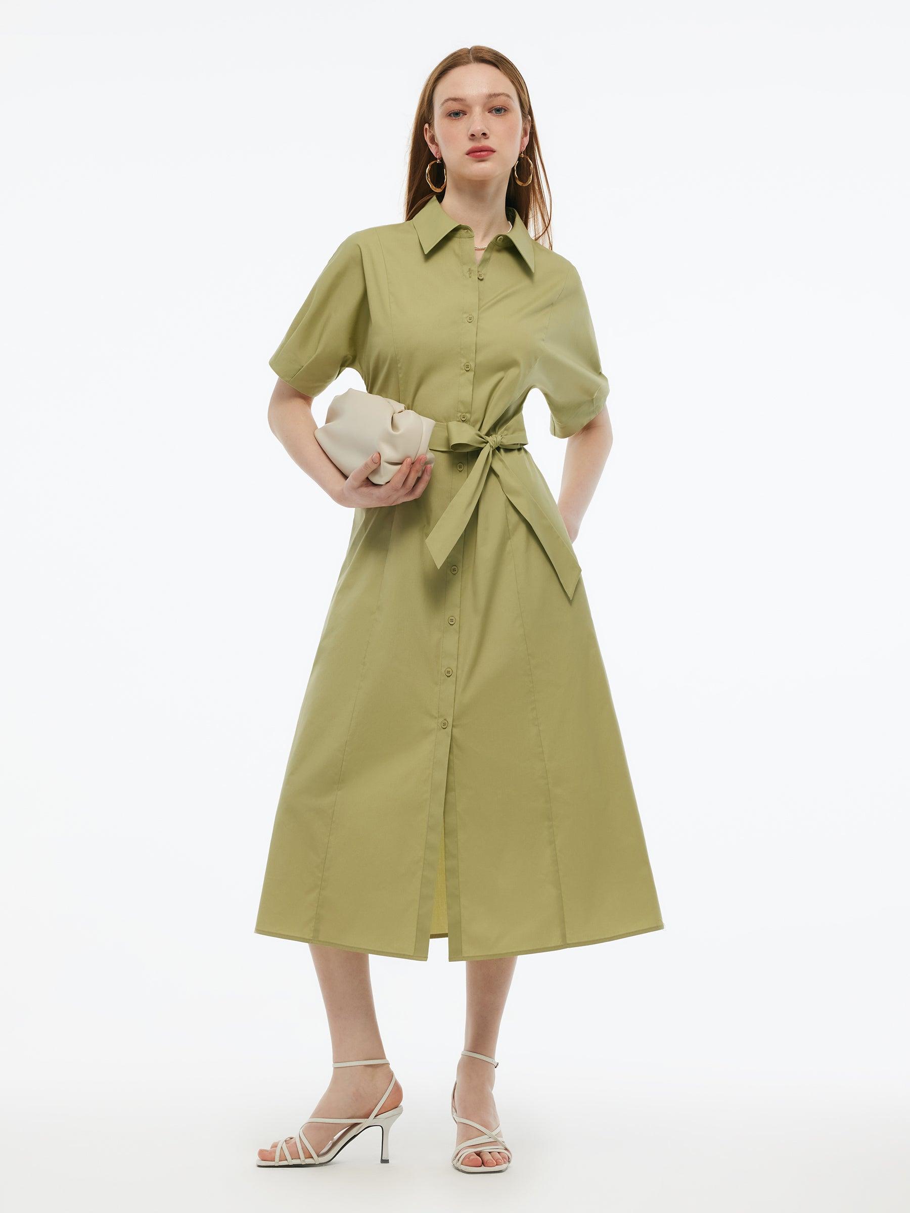 Gathered Waist Stretch Women Maxi Shirt Dress With Belt Product Image