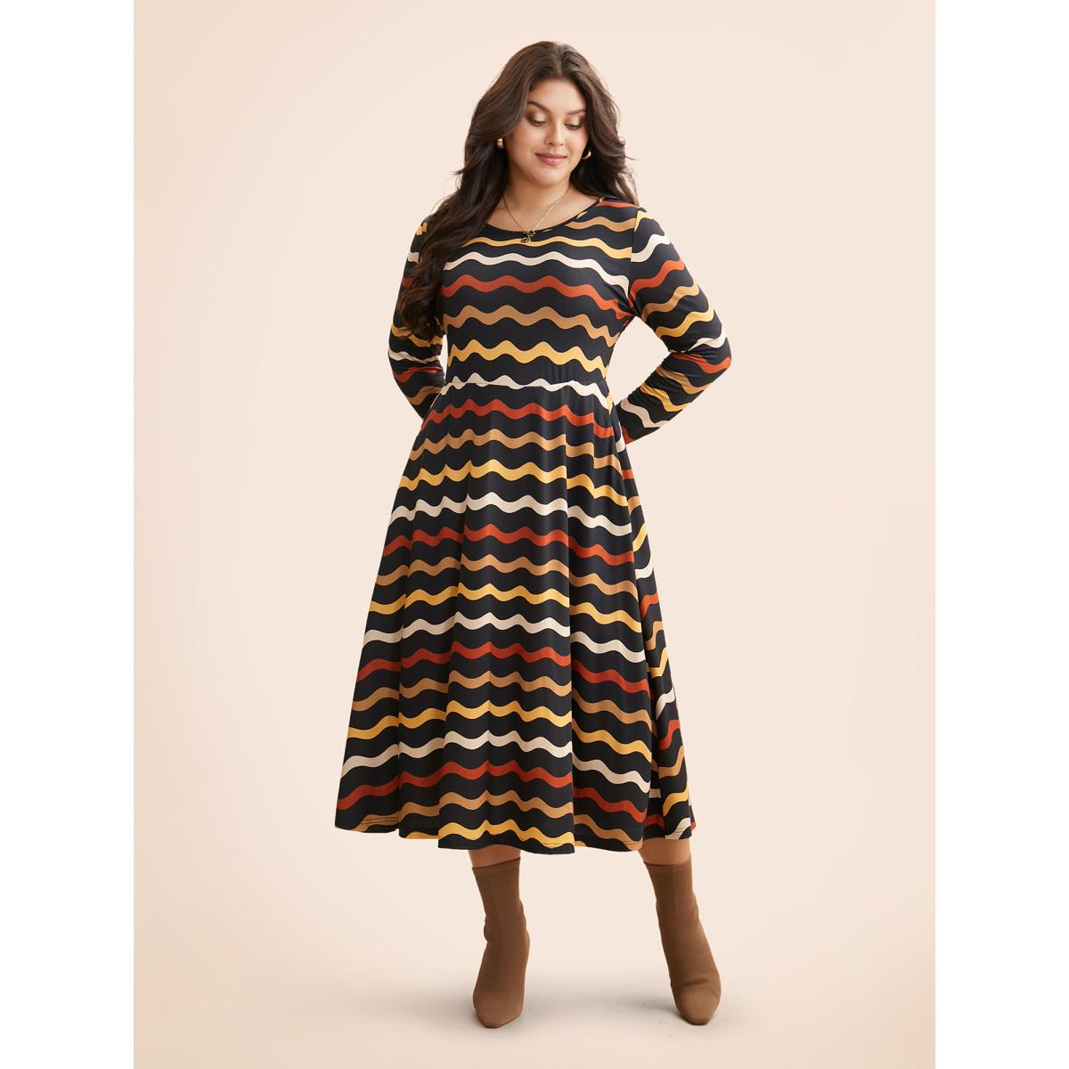 Plus Size Round Neck Contrast Striped Midi Dress BlackFlower Women Elegant Contrast Round Neck Long Sleeve Curvy BloomChic 30/6X Product Image