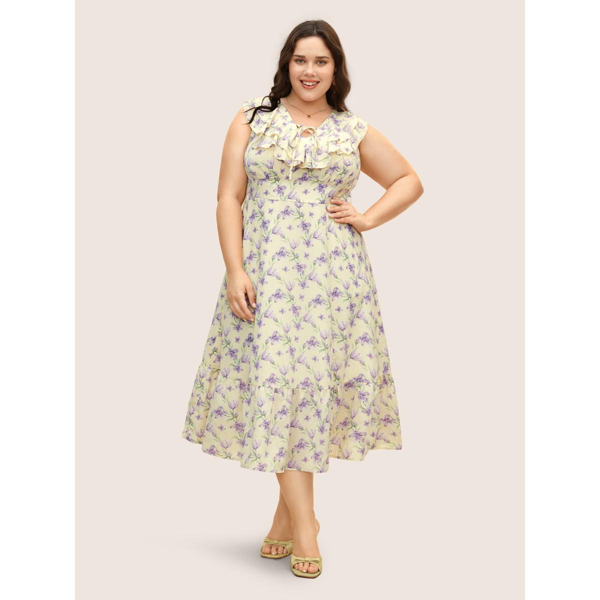 Plus Size Floral Ruffles Shirred Sleeveless Midi Dress Apricot Women Elegant Cross straps V-neck Sleeveless Curvy BloomChic 28/5X Product Image