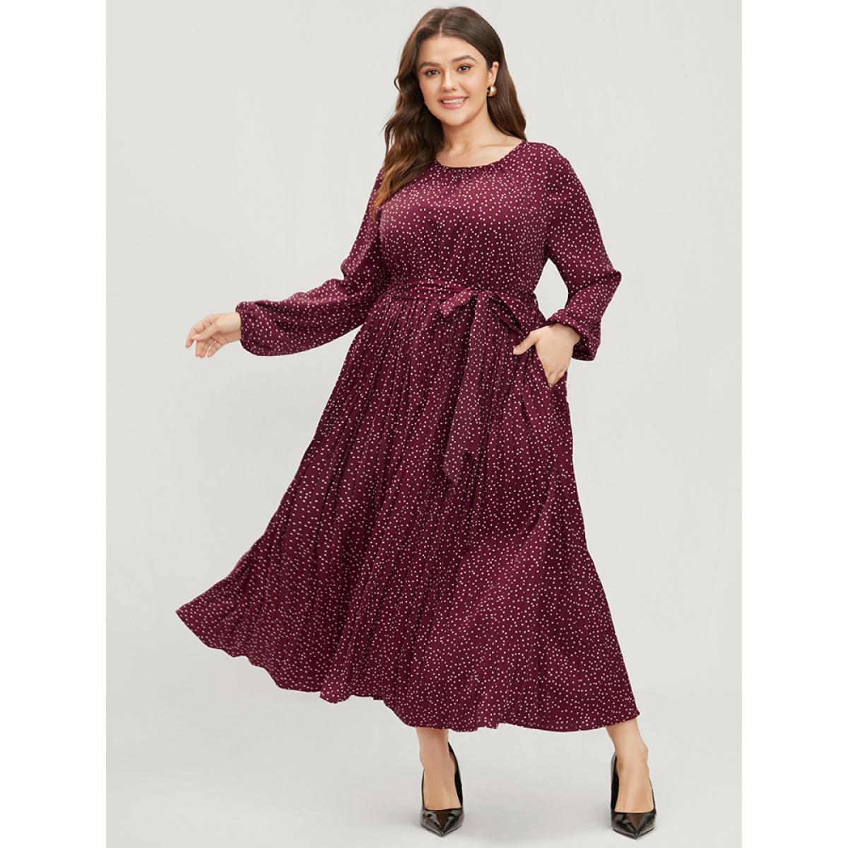 Plus Size Polka Dot Lantern Sleeve Pocket Belted Pleated Dress Purple Women Elegant Gathered Round Neck Long Sleeve Curvy Long Dress BloomChic 14-16/1X Product Image