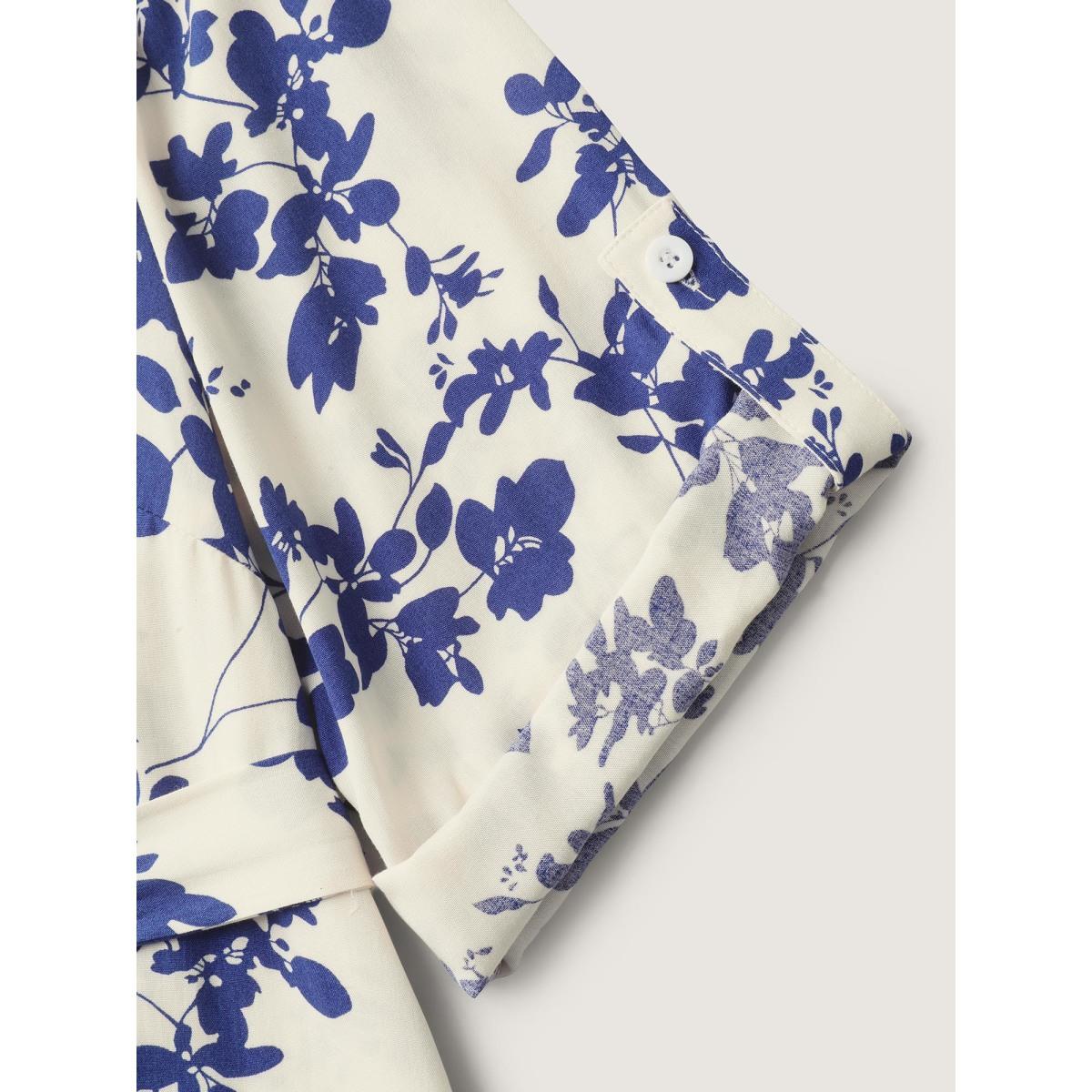 Plus Size DarkBlue Floral Print Waist-Tie Button Blouse Women Elbow-length sleeve Shirt collar Work Blouses BloomChic 18-20/2X Product Image