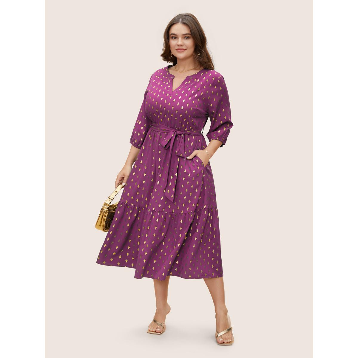 Plus Size Glitter Notched Lantern Sleeve Midi Dress Deeppurplered Women Formal Gathered Notched collar Elbow-length sleeve Curvy BloomChic 28/5X Product Image
