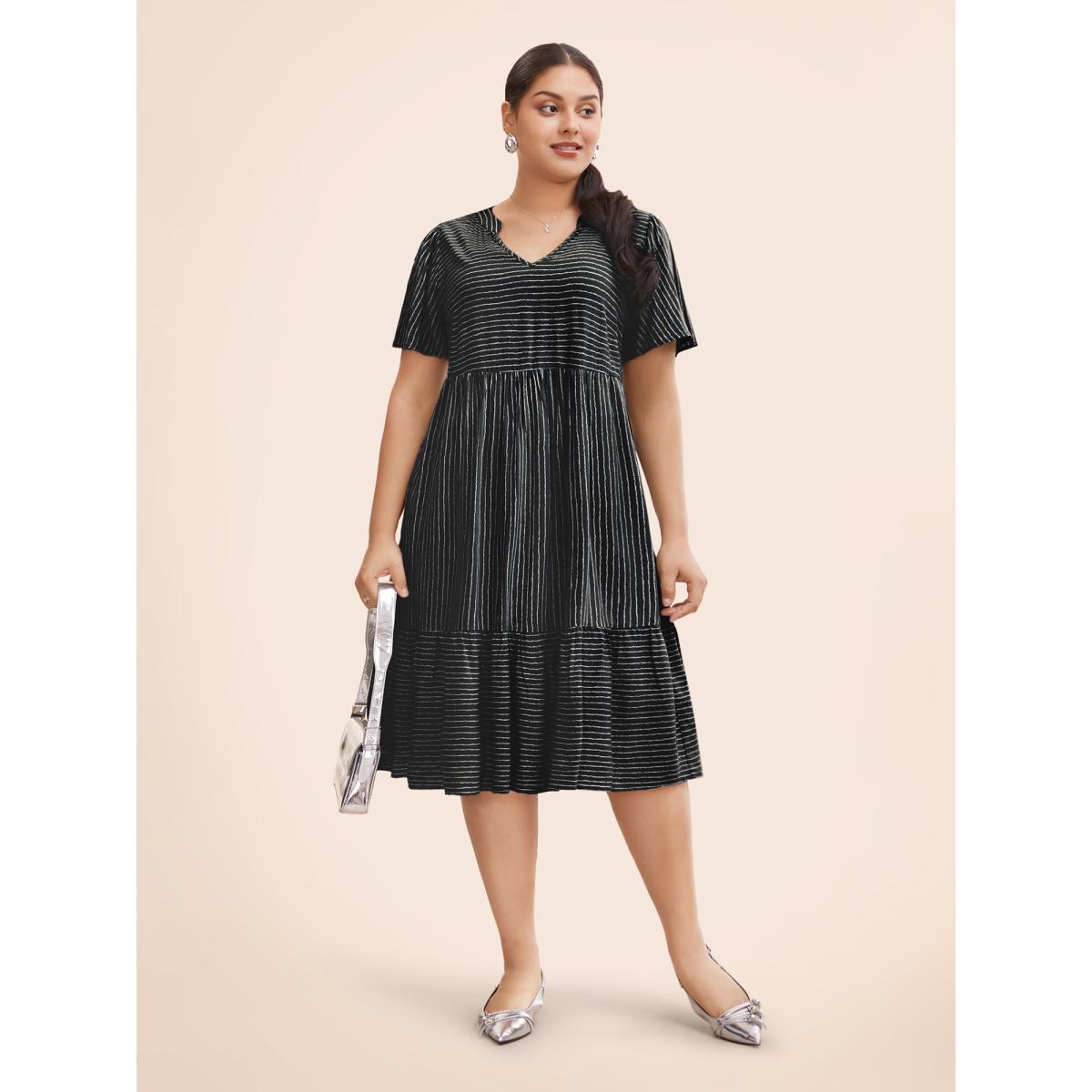 Plus Size Striped Patchwork Notched Flutter Layered Babydoll Dress Black Women Office Gathered Notched collar Short sleeve Curvy Midi Dress BloomChic 28/5X Product Image