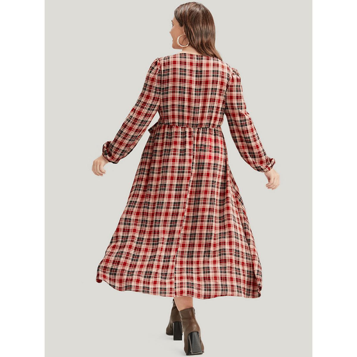 Plus Size Tartan Wrap Lantern Sleeve Pocket Knotted Split Dress Maroon Women Elegant Knotted V-neck Long Sleeve Curvy Midi Dress BloomChic 12/L Product Image