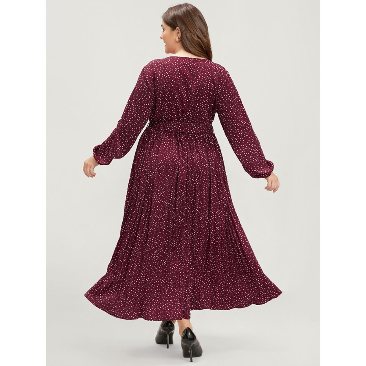 Plus Size Polka Dot Lantern Sleeve Pocket Belted Pleated Dress Purple Women Elegant Gathered Round Neck Long Sleeve Curvy Long Dress BloomChic 14-16/1X Product Image