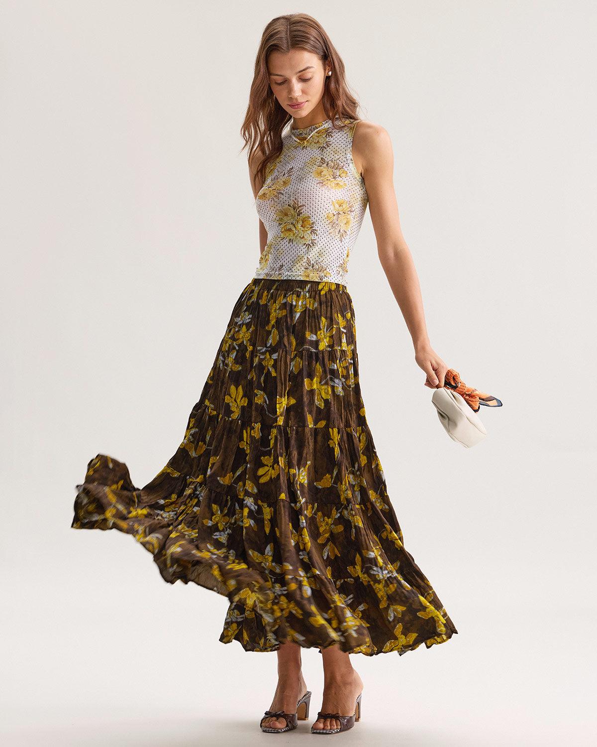 Yellow Floral Elastic Waist Midi Skirt Product Image