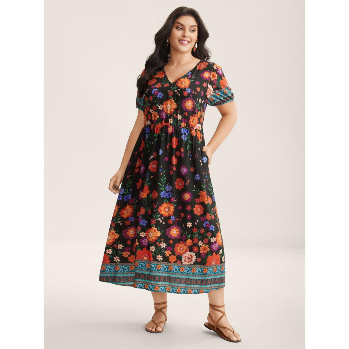 Plus Size Colorful Floral Print V-Neck Midi Dress Black Women V-neck Sleeveless Curvy BloomChic 28/5X Product Image