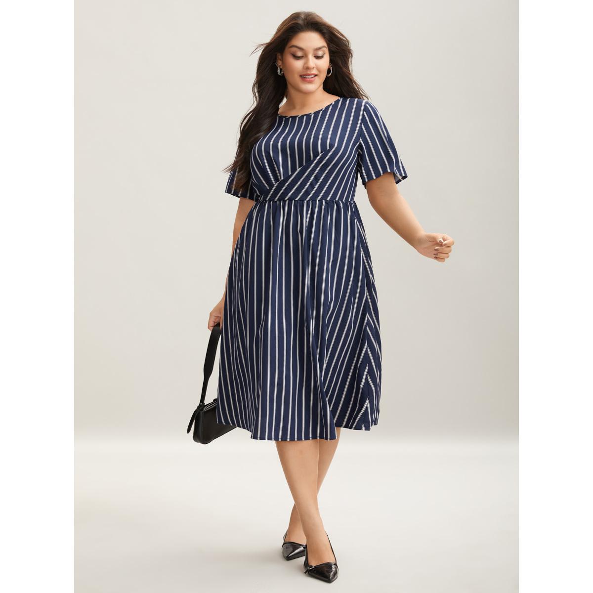 Plus Size Striped Stretchy Waist Defining Pockets Dress Indigo Women Office Pleated Round Neck Short sleeve Curvy BloomChic 18-20/2X Product Image