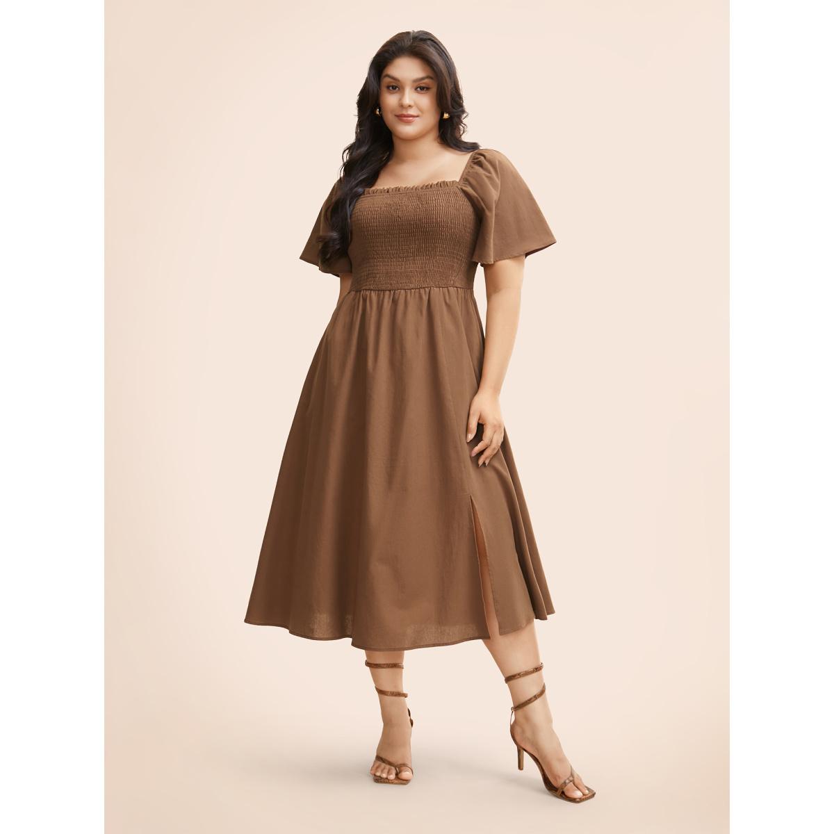 Plus Size Cotton Square Neck Shirred Ruffle Sleeve Split Hem Dress Browncoffeecolor Women Casual Gathered Square Neck Short sleeve Curvy BloomChic 22-24/3X Product Image