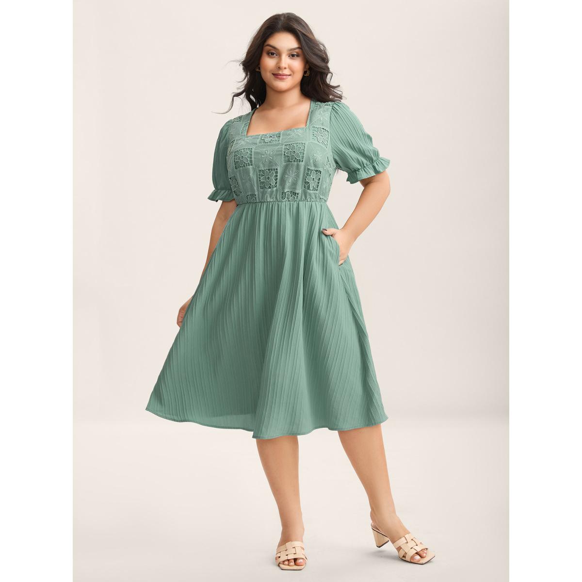 Plus Size Lace Cut-Out Pockets Midi Dress Aquamarine Women Square Neck Short sleeve Curvy BloomChic 10/M Product Image