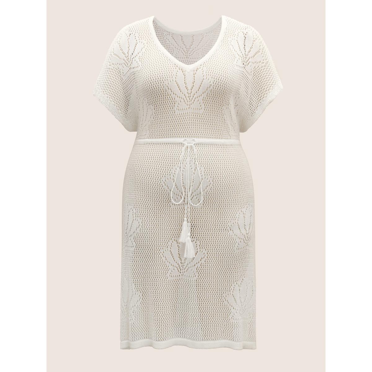 Plus Size Shell Cut Out Tassel Trim Swim Cover Up Women's Swimwear Ivory Beach Loose Texture Curve Swim Cover Ups BloomChic 14-16/1X Product Image