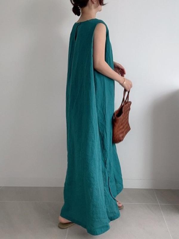 Casual Simple Solid Color Split-Side Round-Neck Sleeveless Midi Dress Product Image