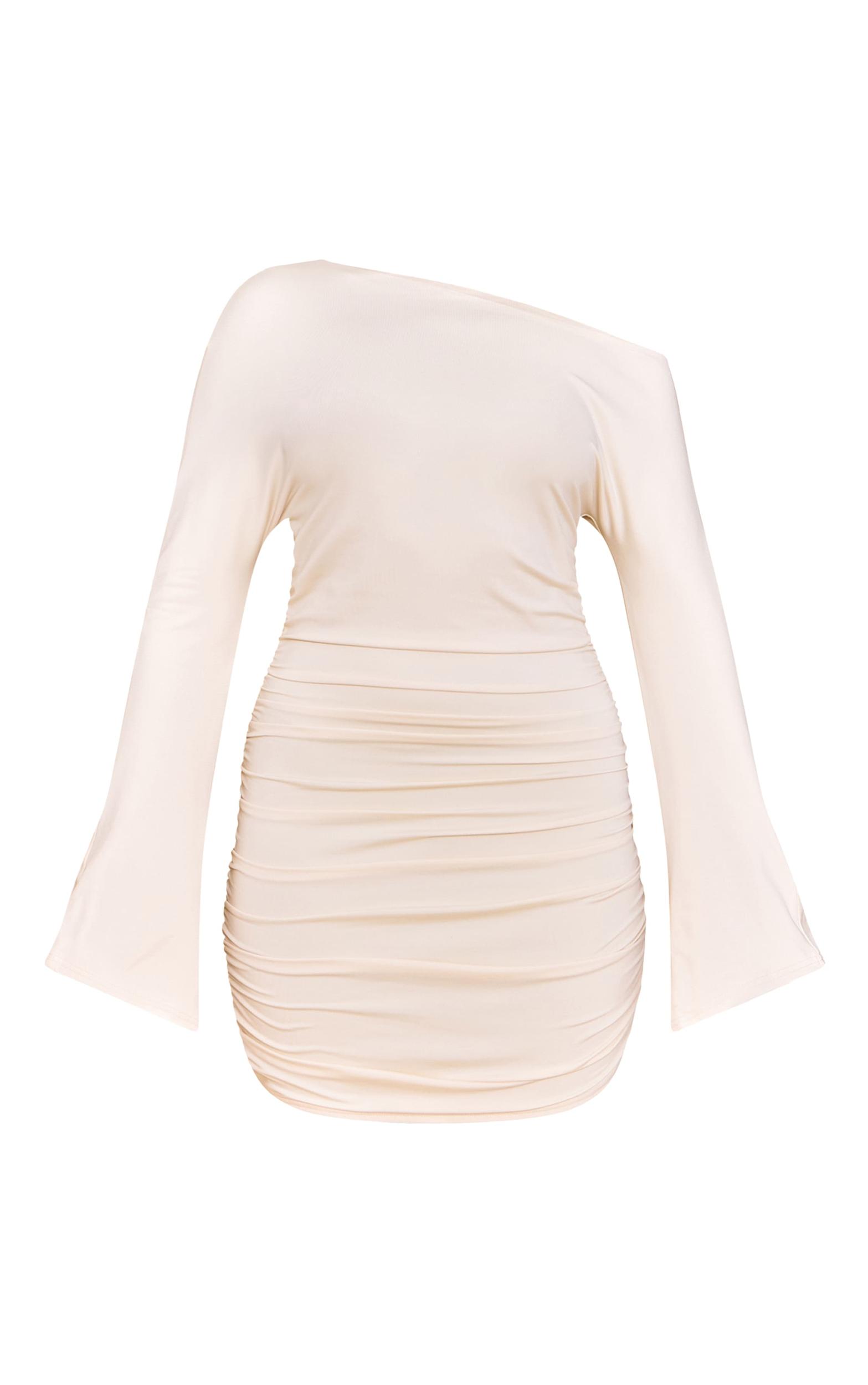  Cream Soft Touch Ruched Long Sleeve Mini Dress Product Image