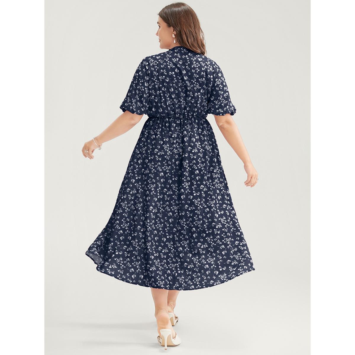 Plus Size Ditsy Floral Pleated Pocket Raglan Sleeve Ruffle Dress Navy Women Elegant Pocket V-neck Short sleeve Curvy Midi Dress BloomChic 22-24/3X Product Image
