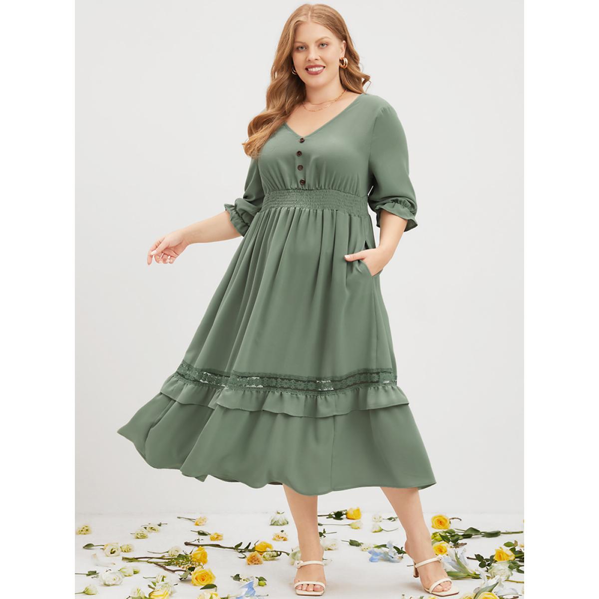 Plus Size Plain Lantern Sleeve Button Detail Pocket Shirred Ruffle Hem Dress Mint Women Elegant Patchwork V-neck Elbow-length sleeve Curvy Midi Dress BloomChic 28/5X Product Image