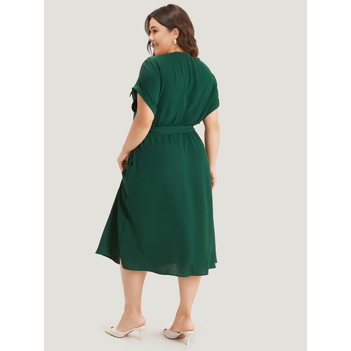 Plus Size Plain Zipper Pocket Button Detail Belted Roll Dress DarkGreen Women Office Plain Round Neck Short sleeve Curvy Midi Dress BloomChic 22-24/3X Product Image